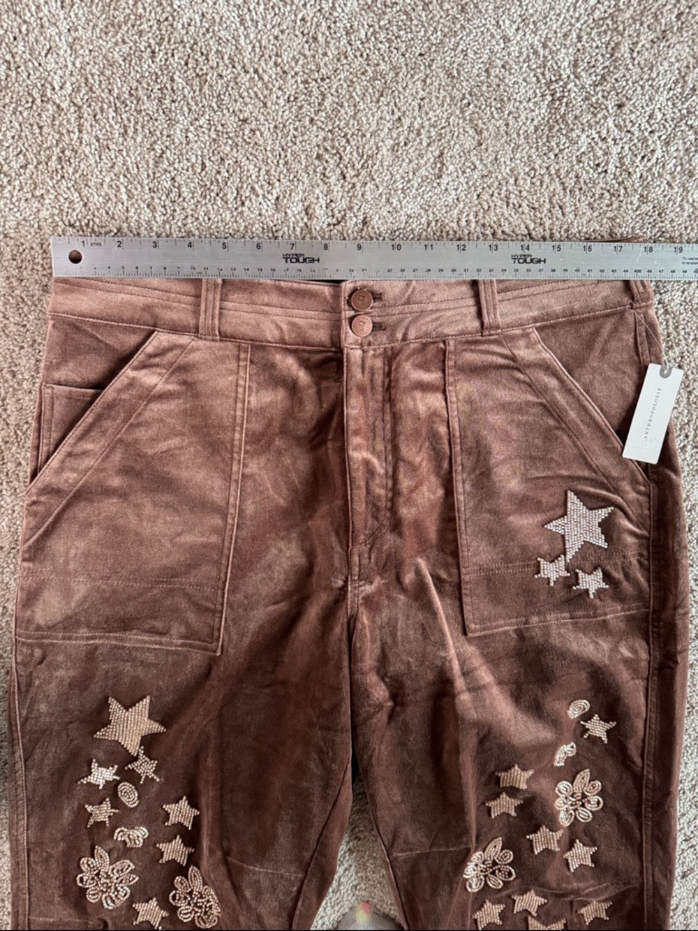 Pilcro Velvet Embroidered Beaded Star & Flower Barrel Pants Western Boho Size 32 - Picture 7 of 10